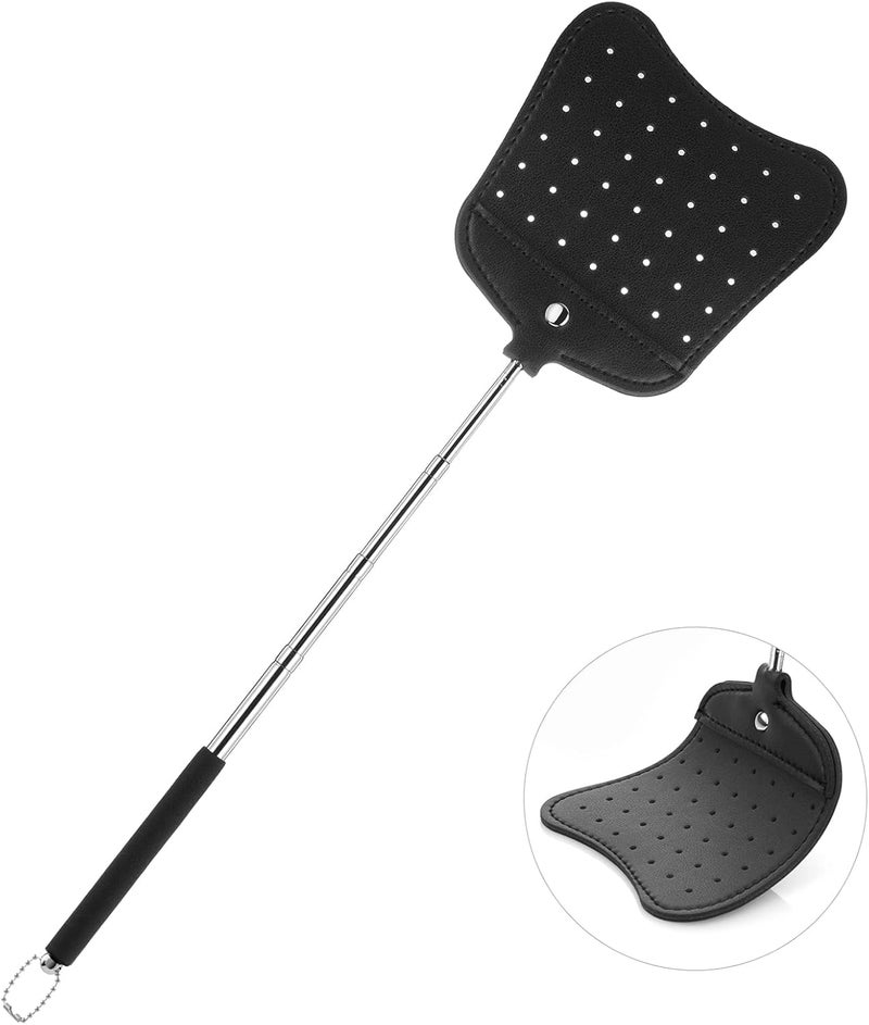 Foxany Leather Fly Swatter, Telescopic Heavy Duty Fly Swatters, Flexible Manual Flyswatters Set, Extendable Swatter with Stainless Steel Long Handle for Indoor Outdoor - Image 1
